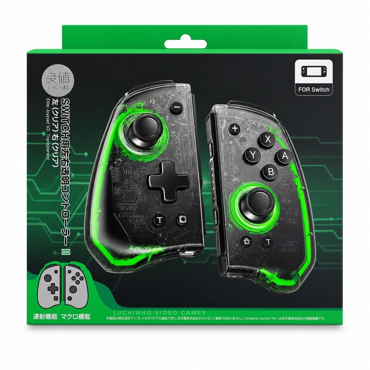 Control Inalámbrico Transparente Negro con Luces Verdes para Nintendo Switch