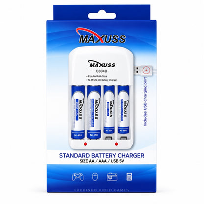 Cargador MAXUSS para Pilas Recargables AA y AAA con 4 Baterías Incluidas.