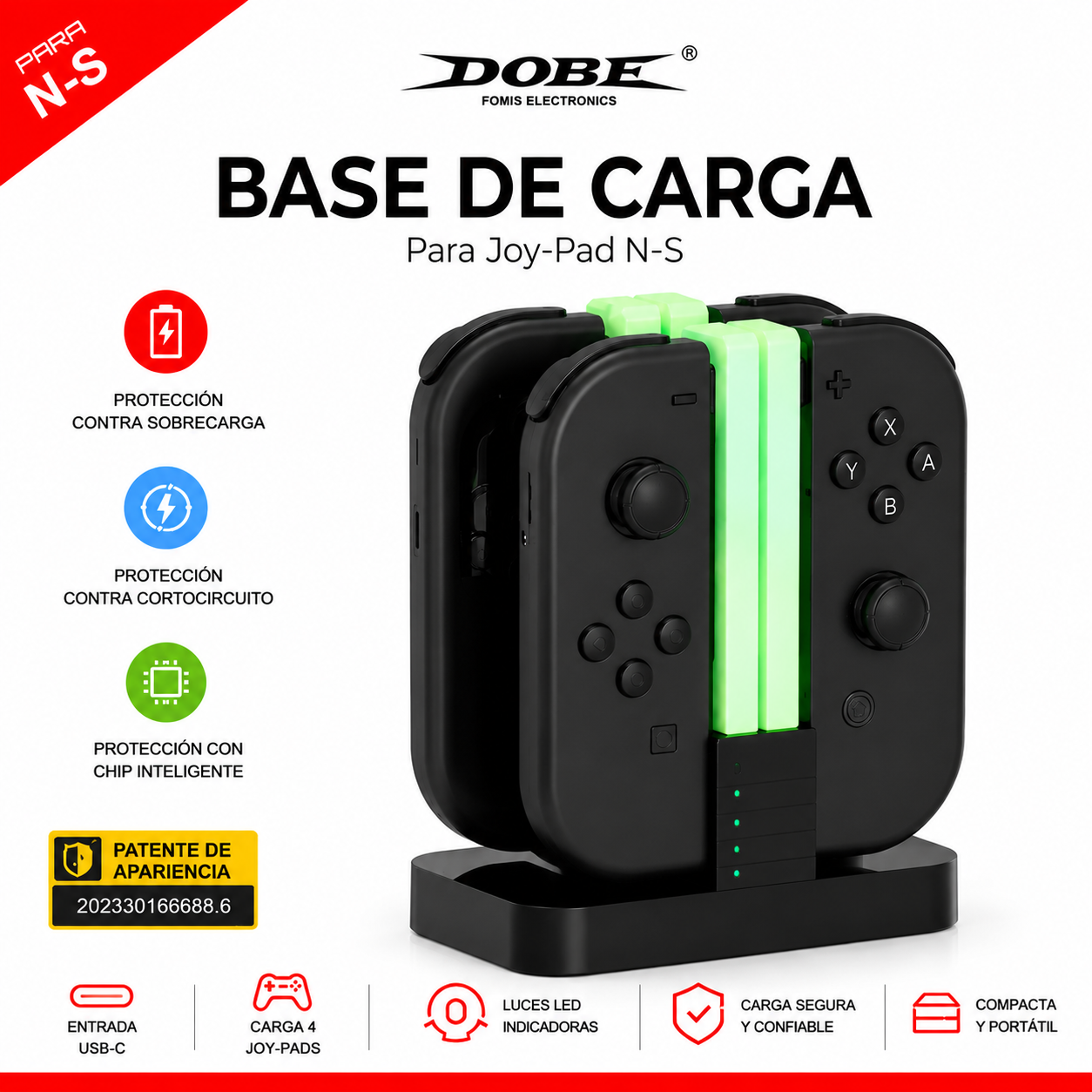 Base de Carga para Joy-Con Nintendo Switch – Estación USB-C con LED para 4 Controles