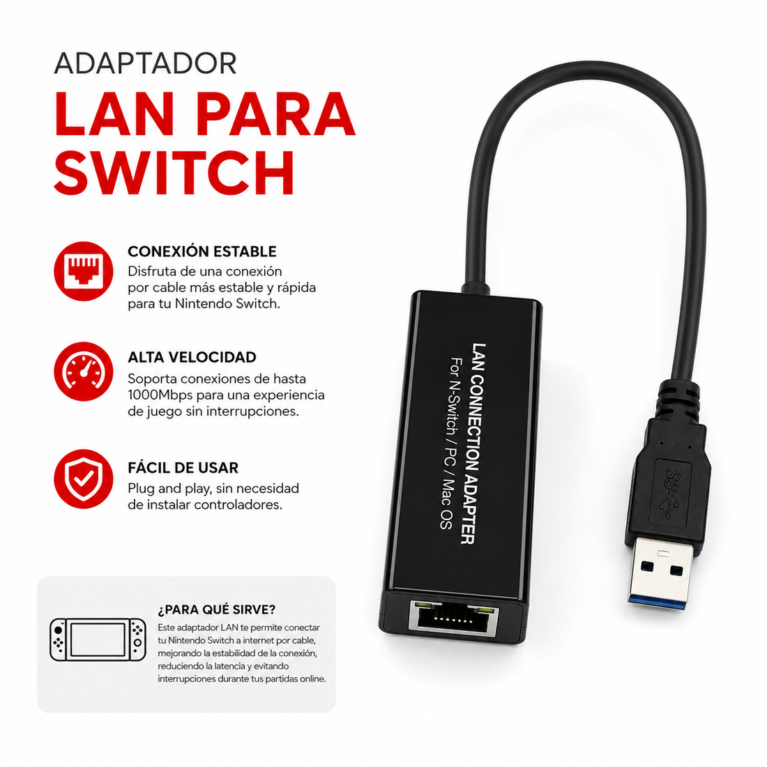 Adaptador LAN USB 3.0 para Nintendo Switch